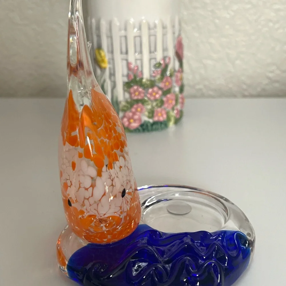 Handcrafted Glass Fish Tealight Candle Figurine - Orange and Blue
